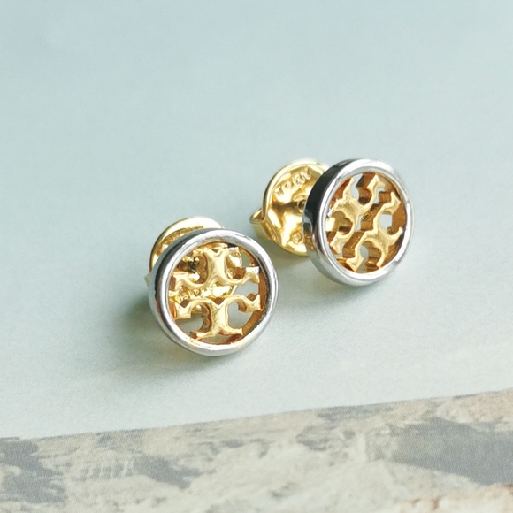 Tory Burch Miller Stud Earrings Gold Silver Mixed - Picture 4 of 4